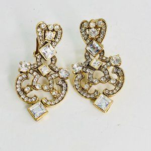 Gorgeous Goldtone Filigree Rhinestone Clip On Dangle Statement Earrings EUC